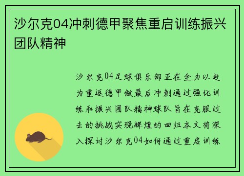 沙尔克04冲刺德甲聚焦重启训练振兴团队精神